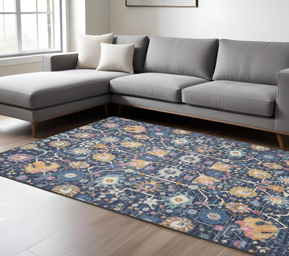 7' X 10' Navy Blue Yellow And Pink Floral Area Rug