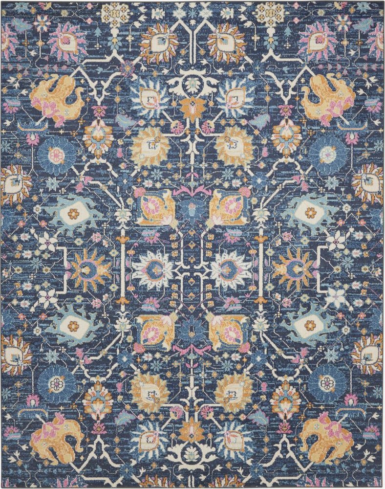 7' X 10' Navy Blue Yellow And Pink Floral Area Rug