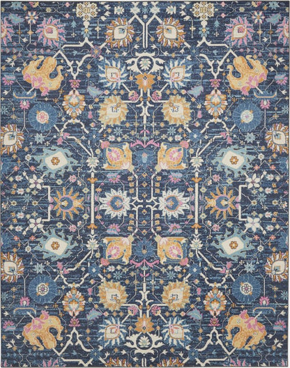 7' X 10' Navy Blue Yellow And Pink Floral Area Rug