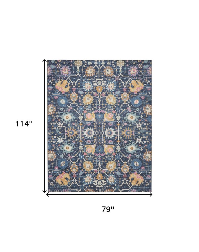 7' X 10' Navy Blue Yellow And Pink Floral Area Rug
