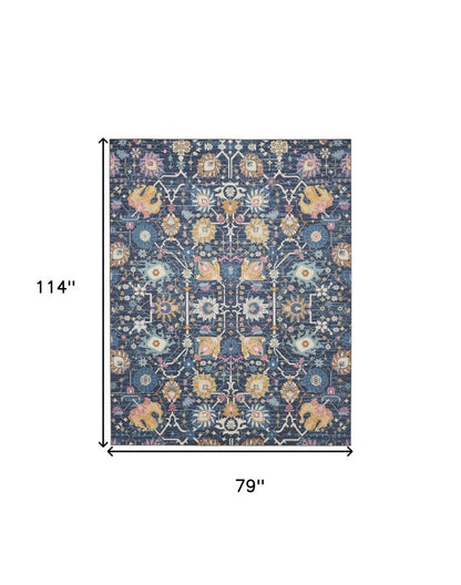 7' X 10' Navy Blue Yellow And Pink Floral Area Rug