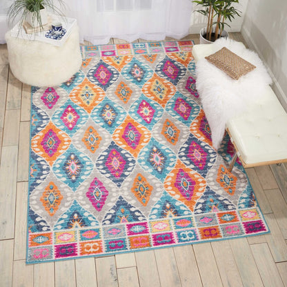 4' X 6' Gray Blue And Orange Ogee Distressed Area Rug