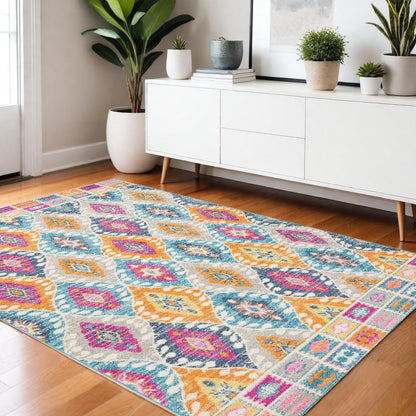4' X 6' Gray Blue And Orange Ogee Distressed Area Rug