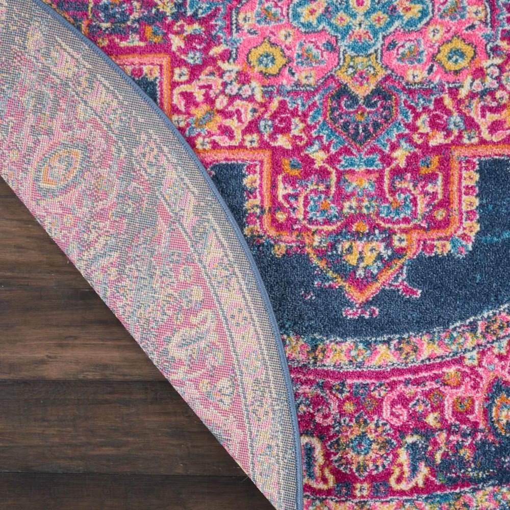 4' Blue And Pink Medallion Distressed Round Rug