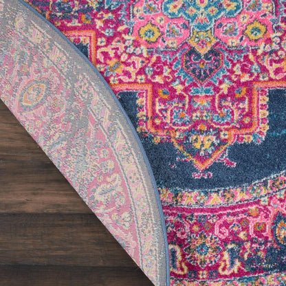 4' Blue And Pink Medallion Distressed Round Rug