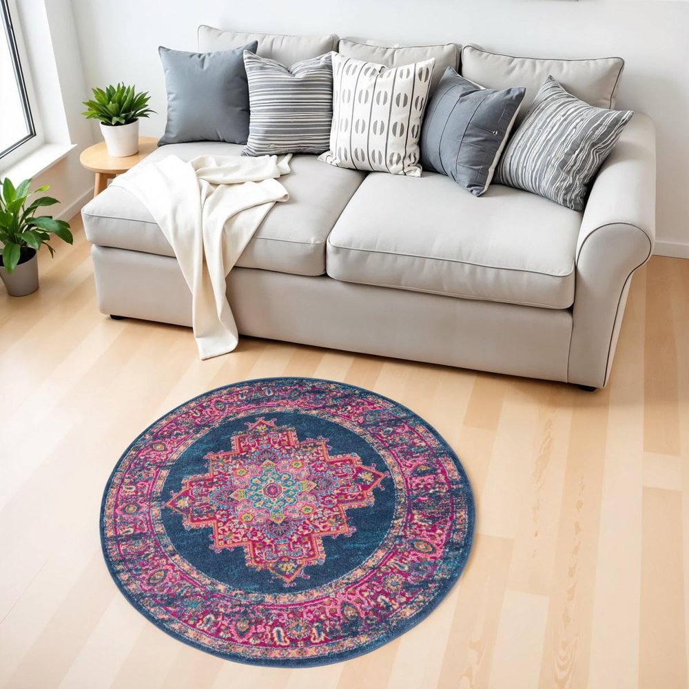 4' Blue And Pink Medallion Distressed Round Rug