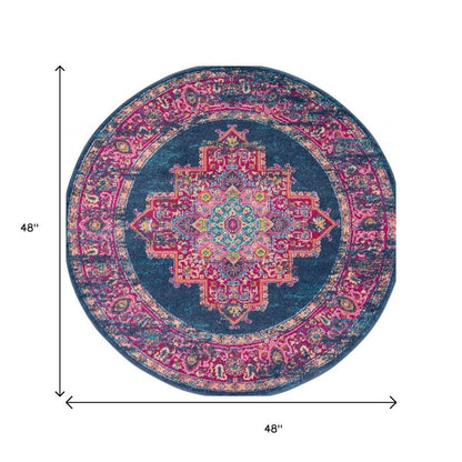 4' Blue And Pink Medallion Distressed Round Rug