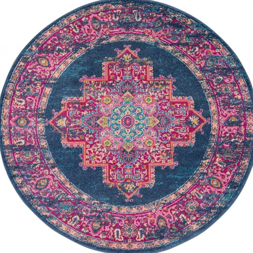 4' Blue And Pink Medallion Distressed Round Rug