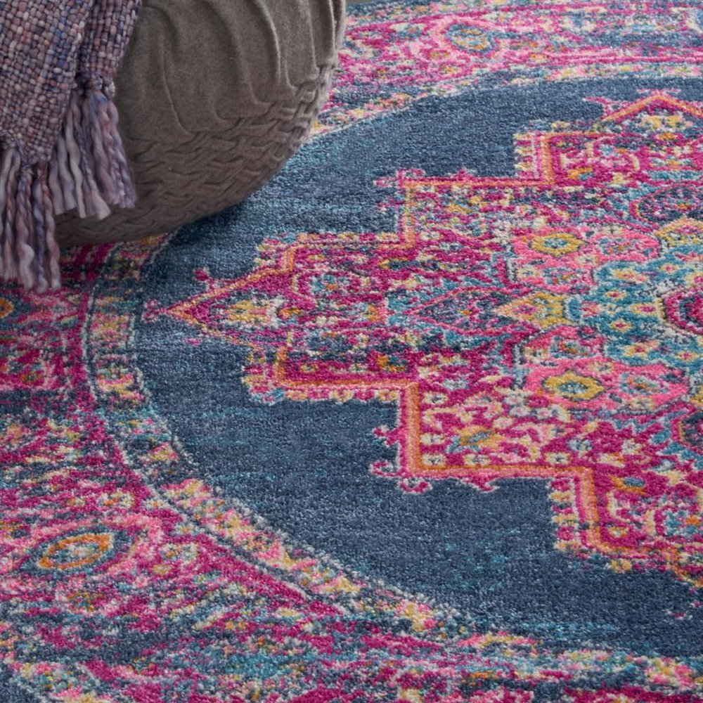4' Blue And Pink Medallion Distressed Round Rug