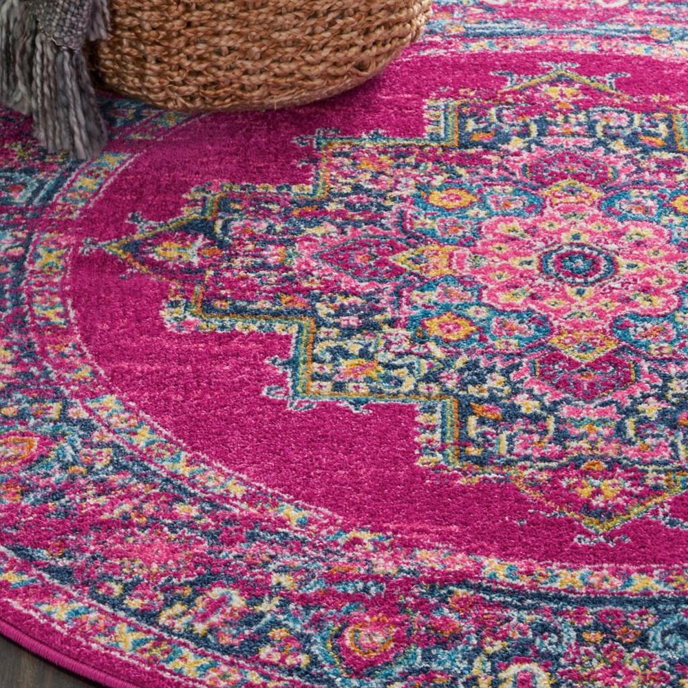 5' X 7' Fuchsia And Blue Oriental Distressed Area Rug