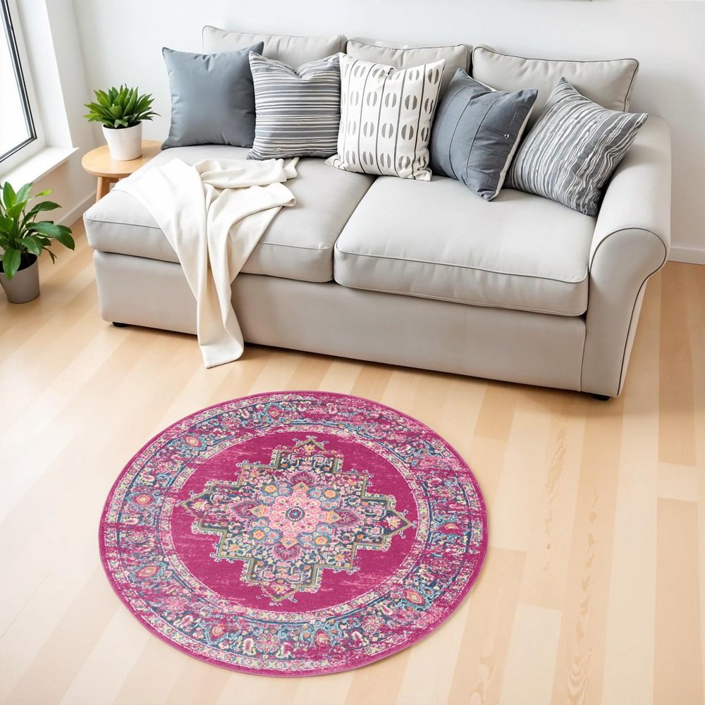5' X 7' Fuchsia And Blue Oriental Distressed Area Rug