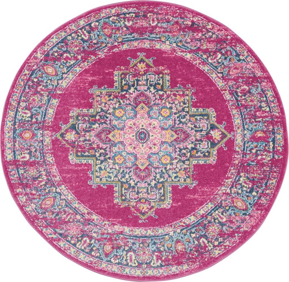 5' X 7' Fuchsia And Blue Oriental Distressed Area Rug