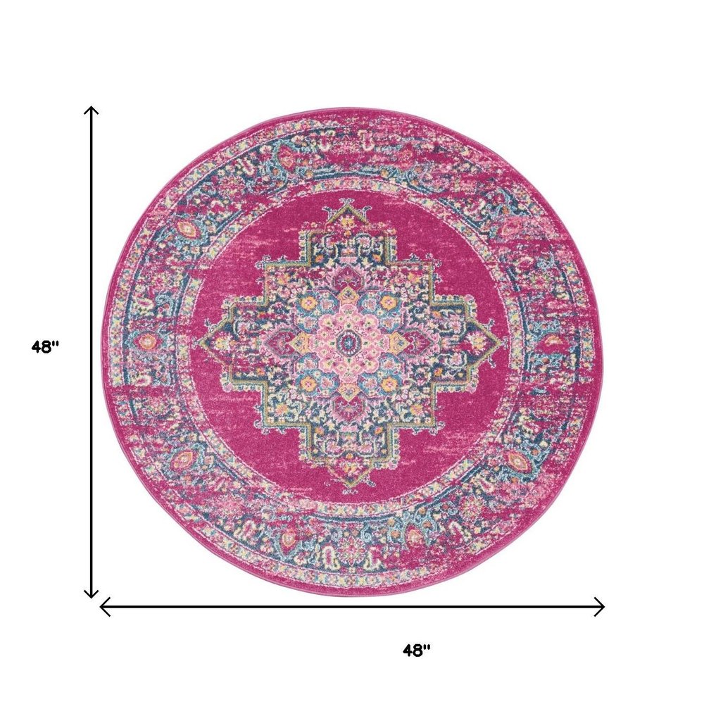5' X 7' Fuchsia And Blue Oriental Distressed Area Rug