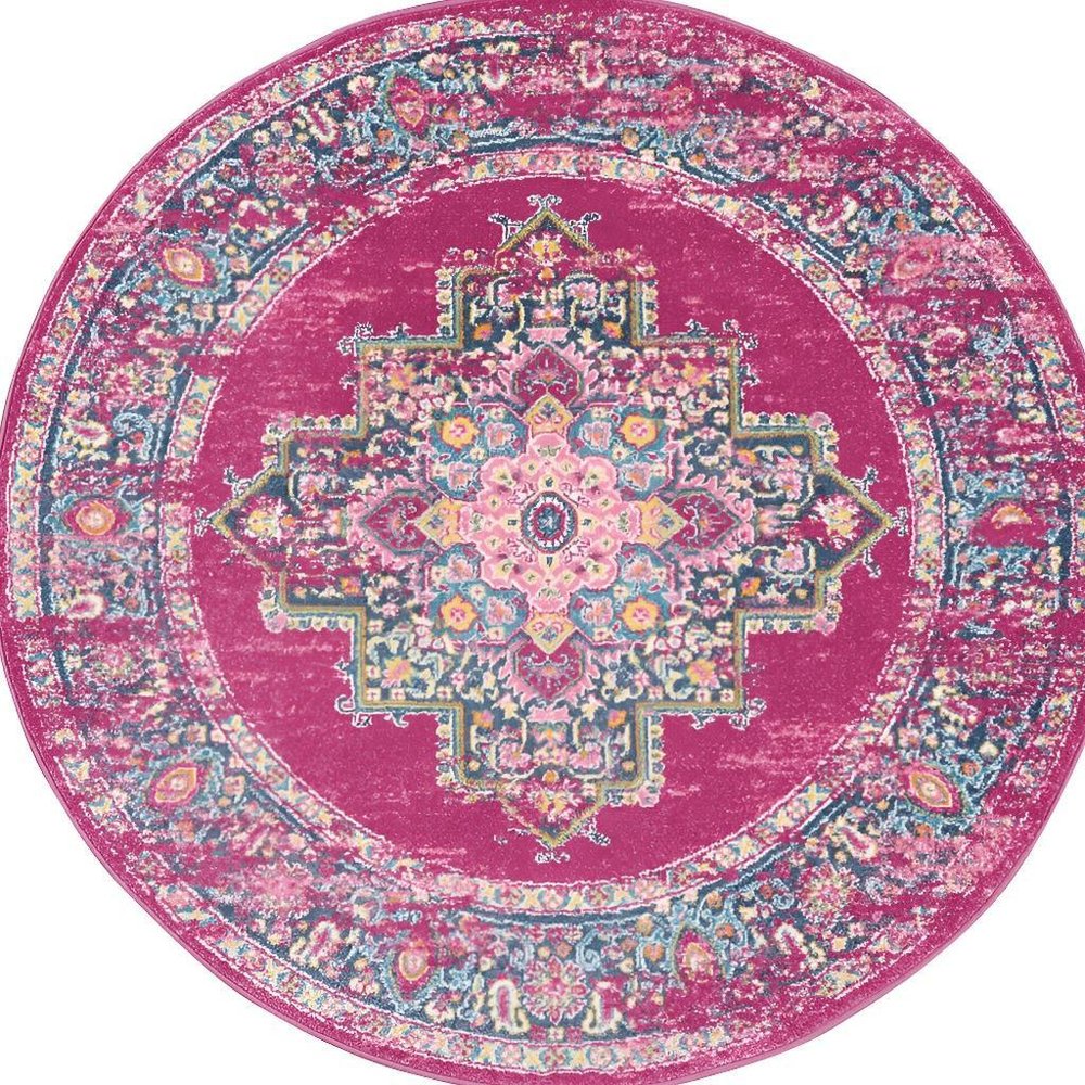 5' X 7' Fuchsia And Blue Oriental Distressed Area Rug