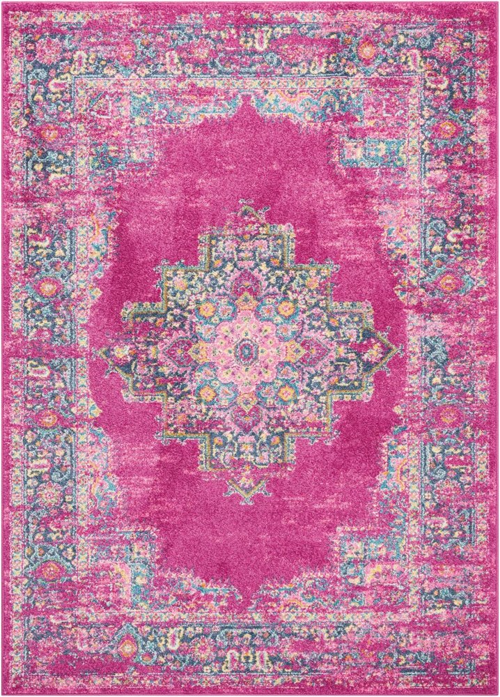 5' X 7' Fuchsia And Blue Oriental Distressed Area Rug