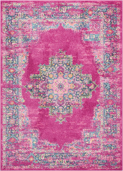 5' X 7' Fuchsia And Blue Oriental Distressed Area Rug