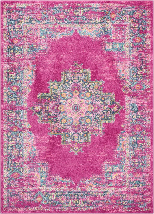 8' X 10' Fuchsia And Blue Oriental Distressed Area Rug