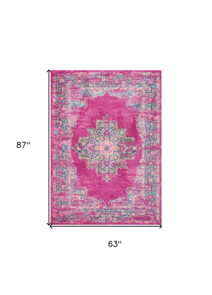 5' X 7' Fuchsia And Blue Oriental Distressed Area Rug