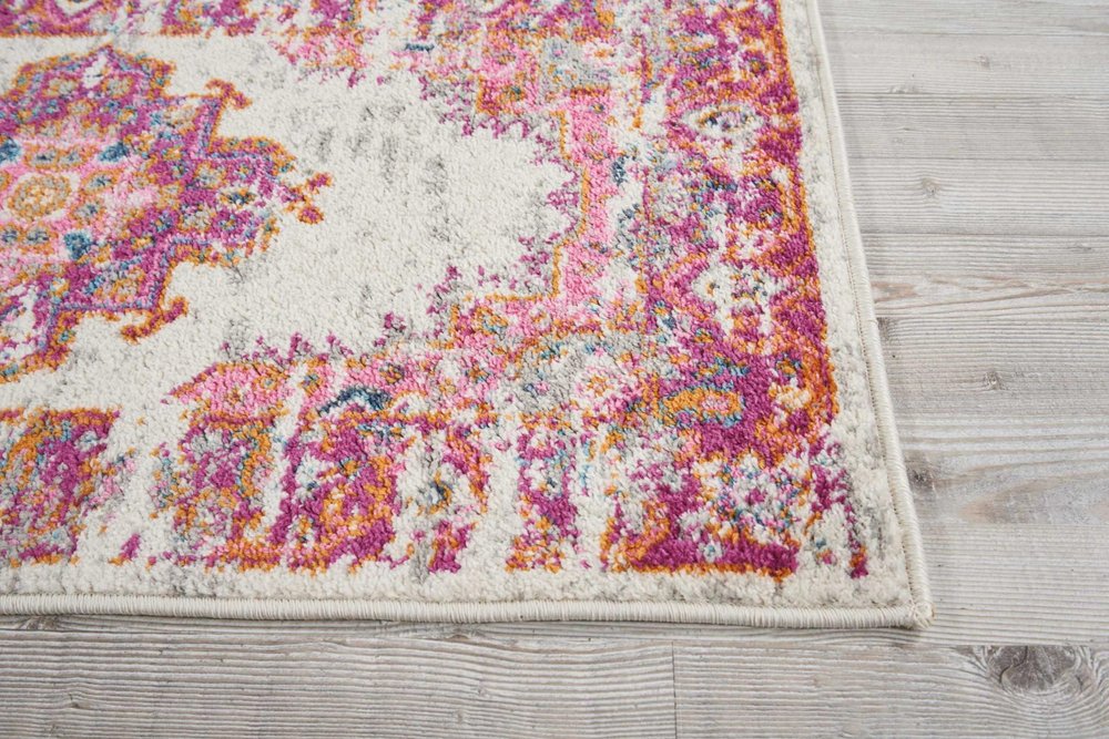 7' X 10' Ivory And Fuchsia Oriental Distressed Area Rug