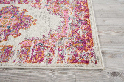 7' X 10' Ivory And Fuchsia Oriental Distressed Area Rug