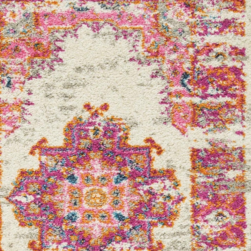 7' X 10' Ivory And Fuchsia Oriental Distressed Area Rug