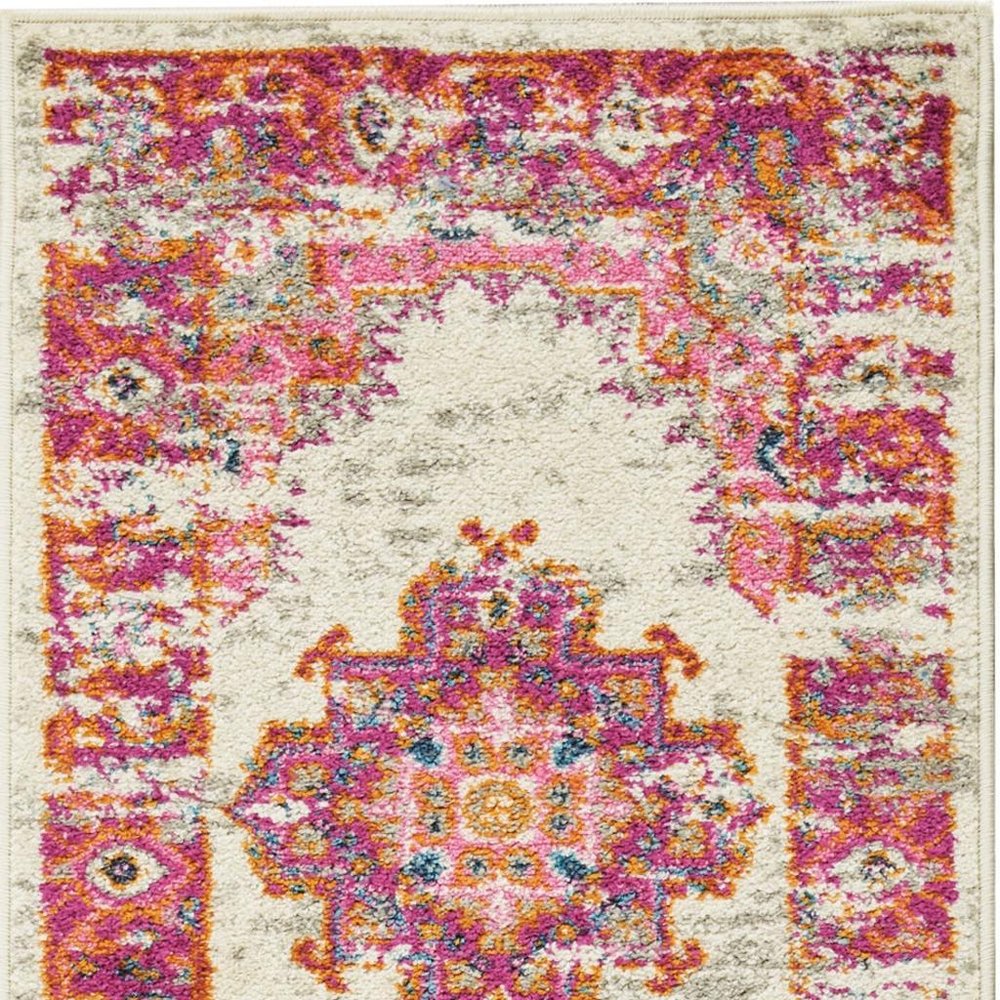 7' X 10' Ivory And Fuchsia Oriental Distressed Area Rug