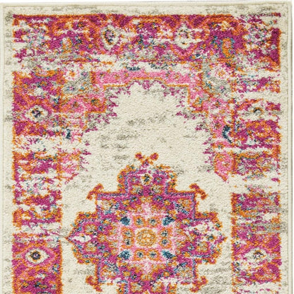 7' X 10' Ivory And Fuchsia Oriental Distressed Area Rug