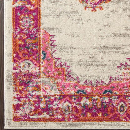 7' X 10' Ivory And Fuchsia Oriental Distressed Area Rug