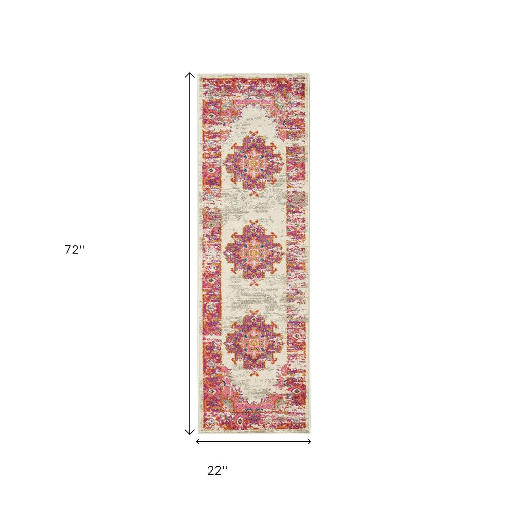 7' X 10' Ivory And Fuchsia Oriental Distressed Area Rug