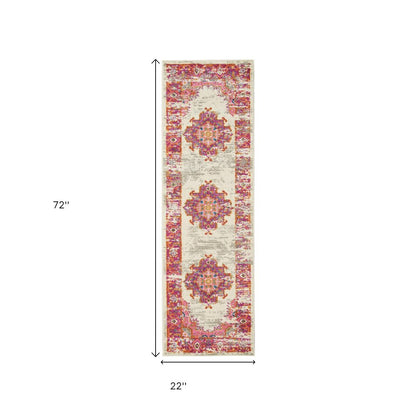 7' X 10' Ivory And Fuchsia Oriental Distressed Area Rug