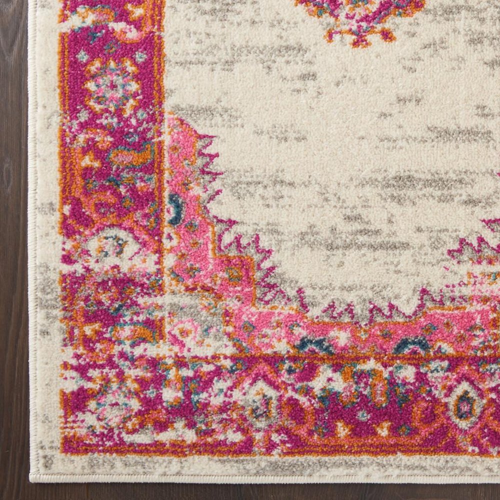 7' X 10' Ivory And Fuchsia Oriental Distressed Area Rug