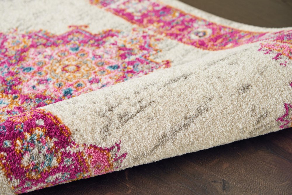 7' X 10' Ivory And Fuchsia Oriental Distressed Area Rug