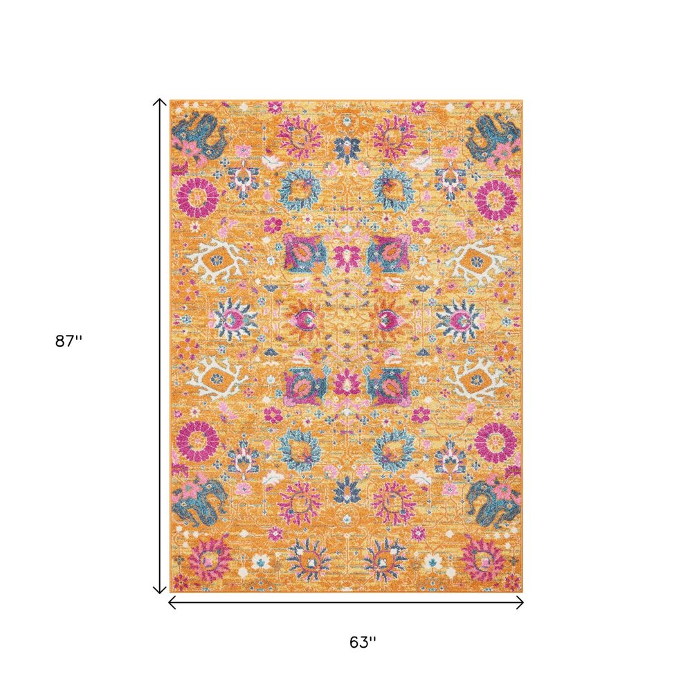 5' X 7' Blue And Orange Floral Distressed Area Rug