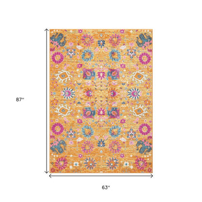 5' X 7' Blue And Orange Floral Distressed Area Rug