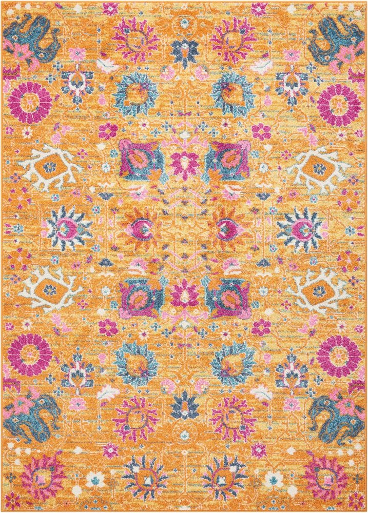 5' X 7' Blue And Orange Floral Distressed Area Rug
