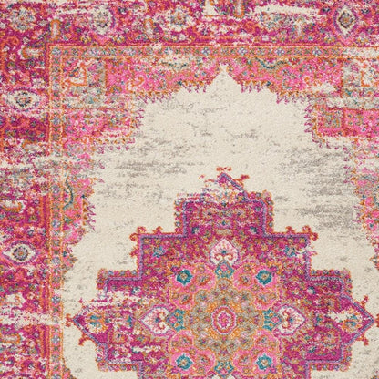 7' X 10' Ivory And Fuchsia Oriental Distressed Area Rug