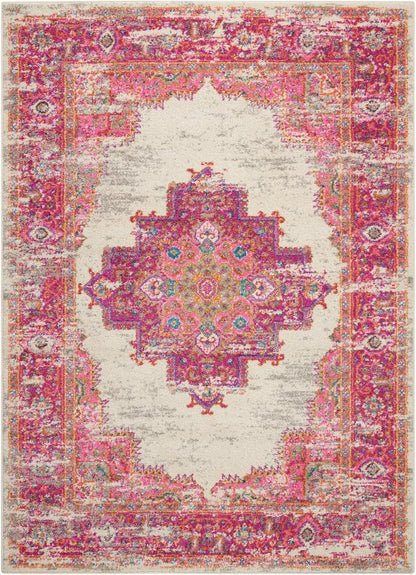 7' X 10' Ivory And Fuchsia Oriental Distressed Area Rug