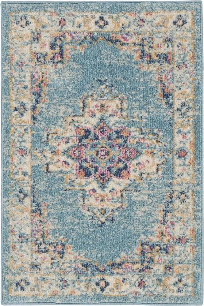 4' Blue And Ivory Southwestern Distressed Round Rug