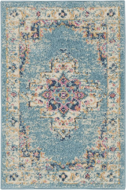 4' Blue And Ivory Southwestern Distressed Round Rug