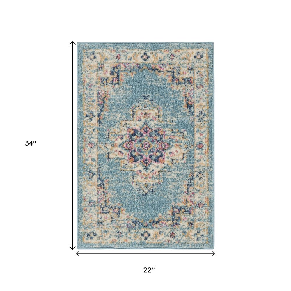 4' Blue And Ivory Southwestern Distressed Round Rug