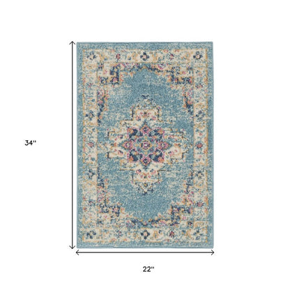 4' Blue And Ivory Southwestern Distressed Round Rug