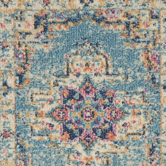 8' Blue And Ivory Southwestern Distressed Runner Rug