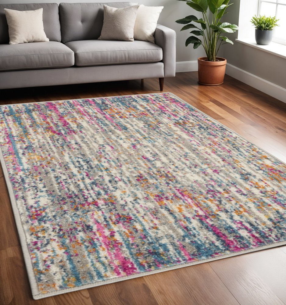 6' Ivory And Blue Abstract Runner Rug
