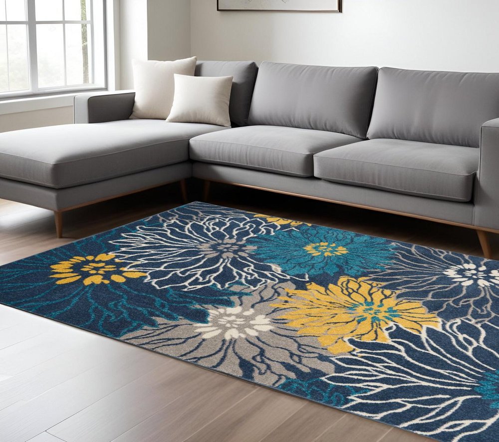 5' X 7' Blue And Gold Floral Area Rug