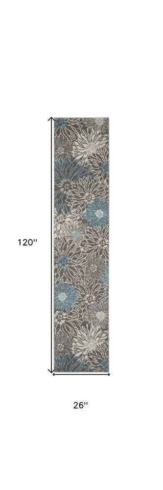 10' Blue And Gray Floral Runner Rug