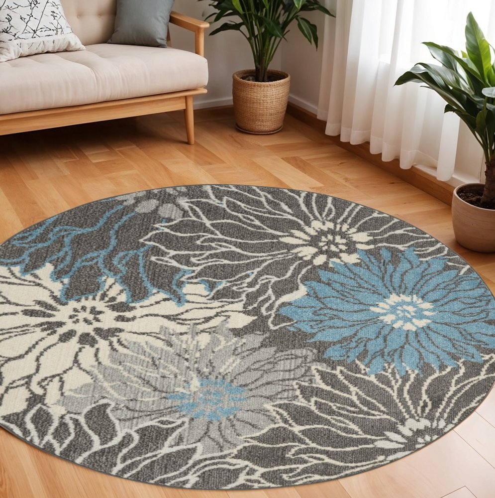 10' Blue And Gray Floral Runner Rug