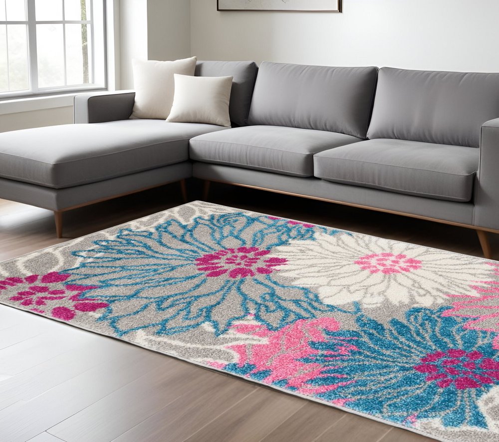 7' X 10' Gray And Pink Floral Area Rug