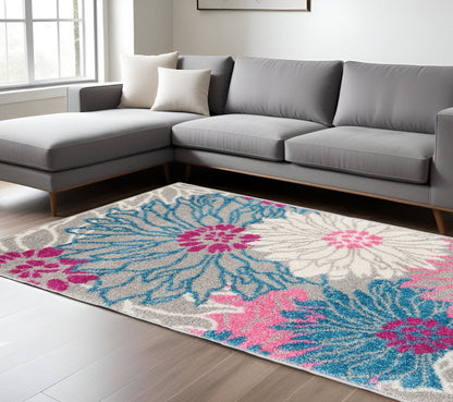 7' X 10' Gray And Pink Floral Area Rug
