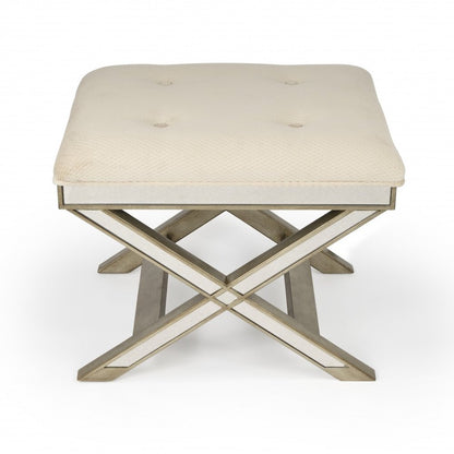 26" Ivory Cotton and Brown Tufted Ottoman