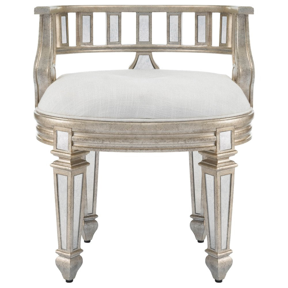 21" Cream Linen And Silver Metallic Round Ottoman